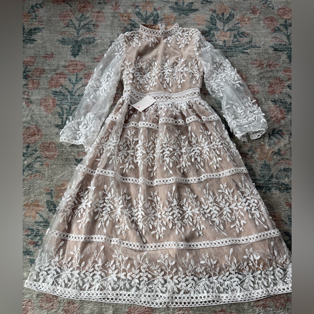 Ivy City Co Beige Dress with White Lace Floral Overlay
